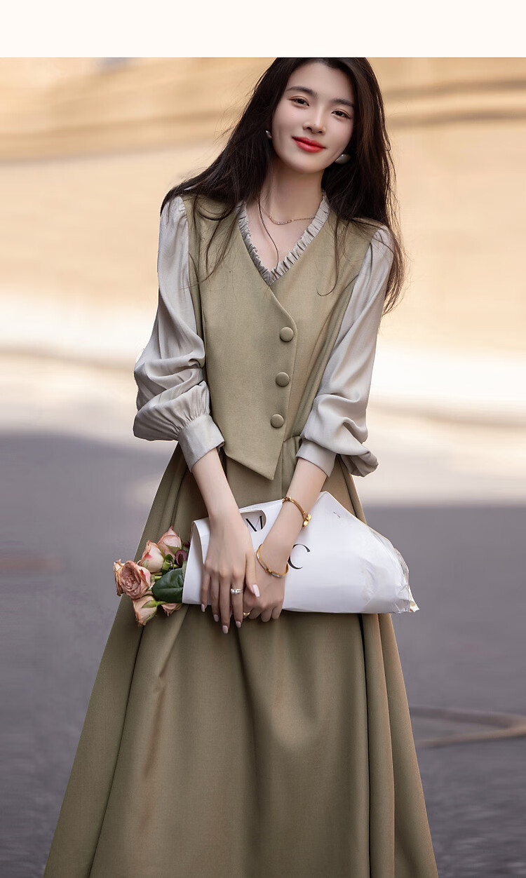 Dme [Ambiance Expert] Spring And Autumn Vintage Faux Two-Piece Ruffle V-Neck Puff Sleeve Waist-Cinching Pleated Women's Dress 19