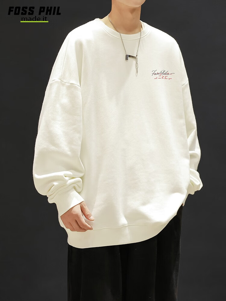 Foss Phil Men's Sweatshirt, Spring And Autumn Loose Fit, Printed Round Neck, Casual T-Shirt, Versatile Trendy Top, FPW4 Apricot Color, Size L 10