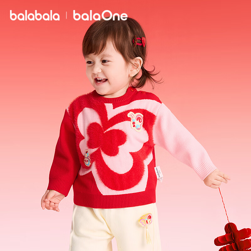 Balabala [balaOne] Kids Baby Knitted Sweater Red New Year Greeting Clothes Autumn Winter Warm Pullover