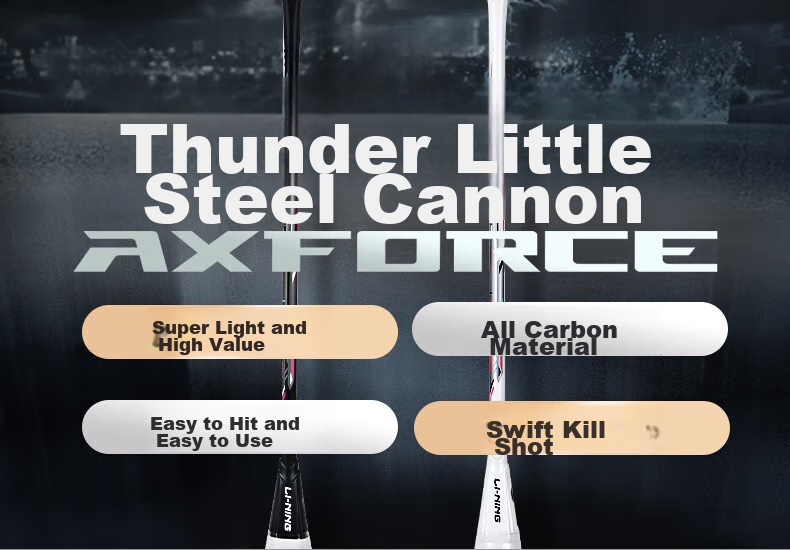 Li-Ning Badminton Racket, Thunder Small Steel Cannon, High-Power Black, Full Carbon Professional Offensive Racket, Single Racket, 4U Unstrung Racket 2