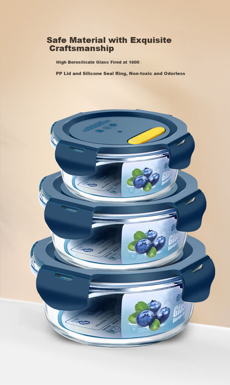 Chuangde Heat-Resistant Glass Food Storage Containers, Microwave-Safe Lunch Boxes for Office Workers, Round Bento Boxes, 400+650+1000ml, with Bag And Utensils 4