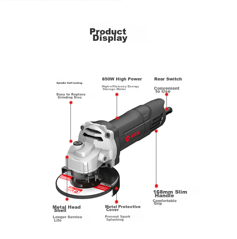 KEN Angle Grinder RS100BK, Household 850W Metal And Stone Grinding Machine, Polishing Machine, Cutting Machine, Grinding Wheel Machine, Rear Switch 16