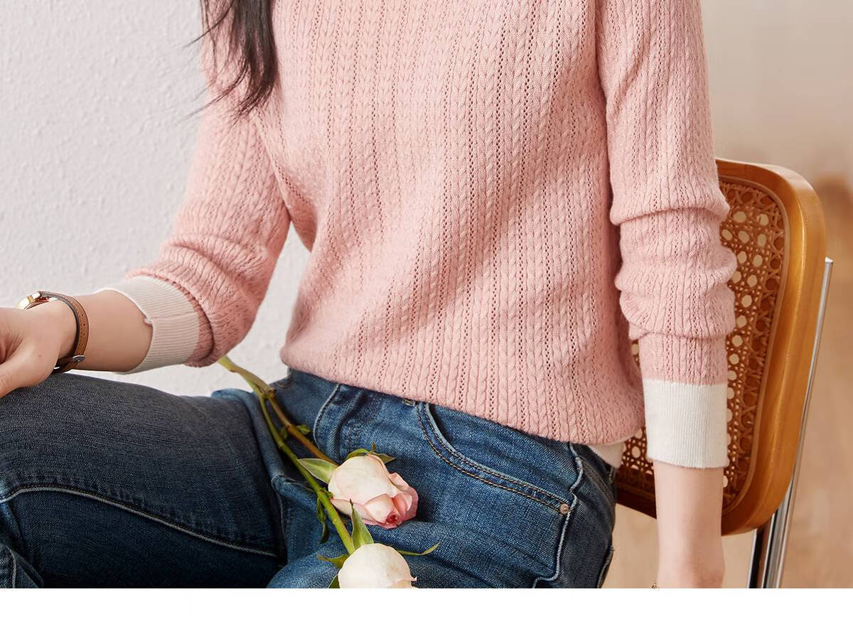 Chushen Spring And Autumn Knitted Sweater for Women, Fashionable Color-Block Round Neck Pullover Versatile Sweater Top S13KZ3554 White 12