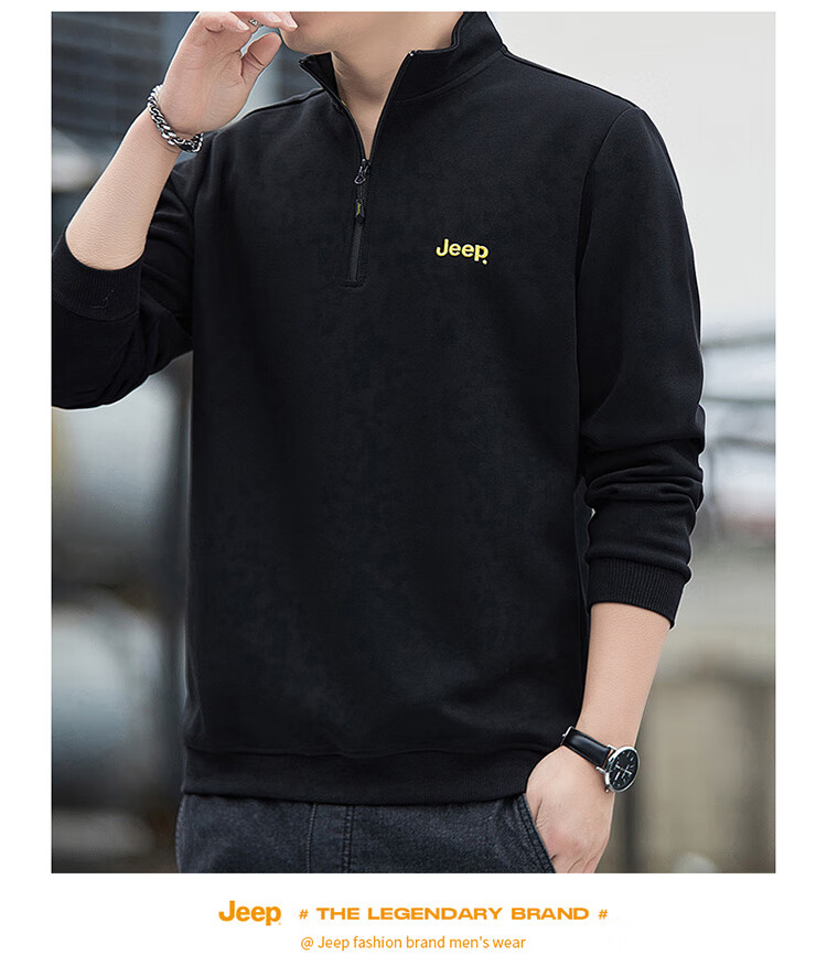 JEEP Men's Sweatshirt, Loose-Fitting Stand-Collar Long-Sleeve T-Shirt for Spring And Autumn, Casual Menswear, Black, XL 18