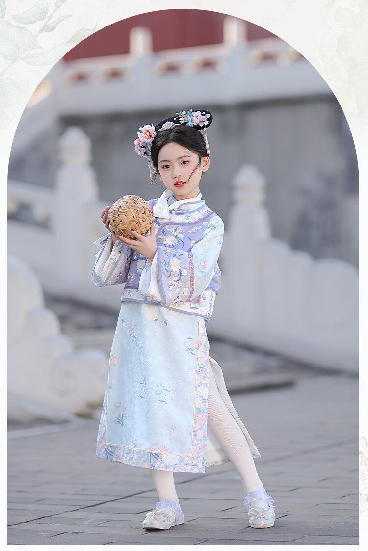 Qibo Girls' Cheongsam, Spring And Autumn Mid-Autumn Festival Children's Kindergarten New Hanfu, Blue-Purple + Neck Scarf, Size 130 16
