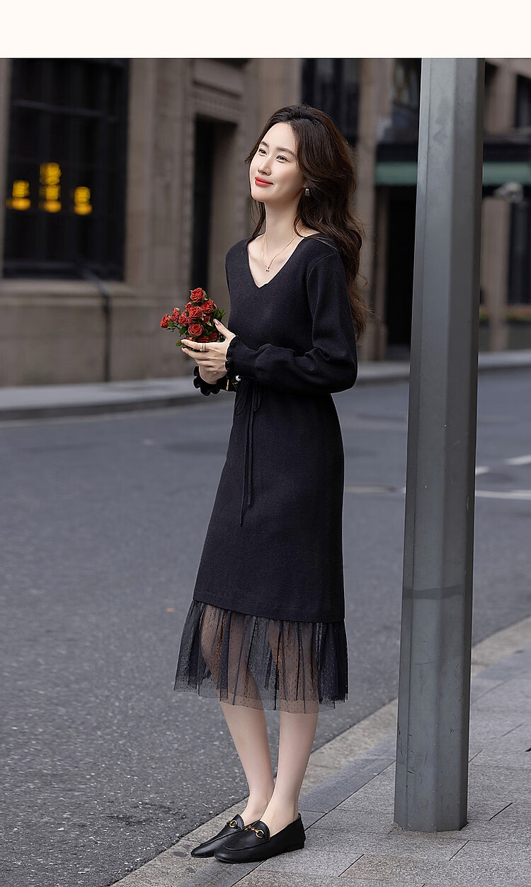 Dme [Retro Sweet Lady] Spring And Autumn Gentle Style Faux Two-Piece Pearl Drawstring Mesh A-Line Dress 13