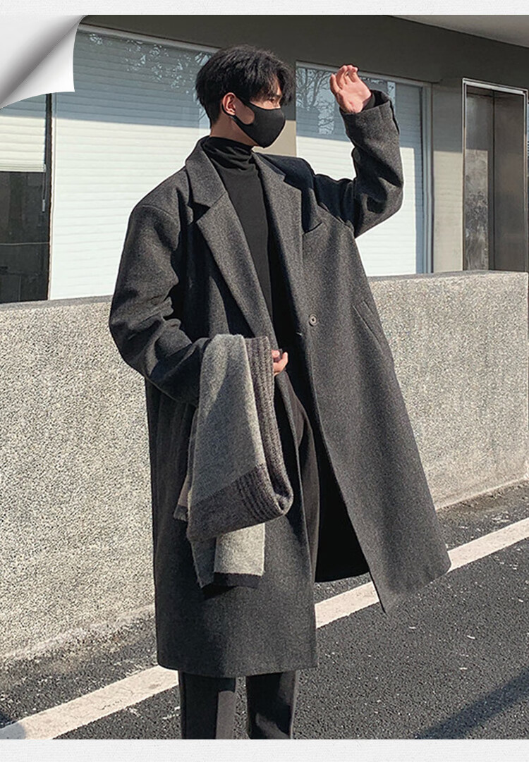 Homlean Men's Woolen Coat Autumn Winter Mid-Length Korean Style High-Quality Loose Over-the-Knee Wool Trench Coat HT21 Gray XL 2