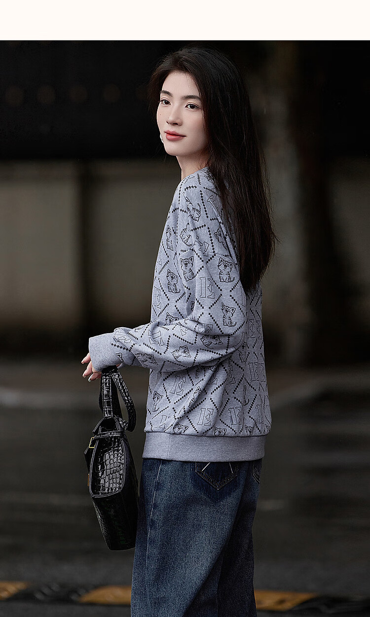 Dme [Cotton Printed Sweatshirt], Spring And Autumn Round Neck Loose Drop Shoulder Long Sleeve Slightly Stretchy Sweatshirt for Women, Flax Gray, M 17