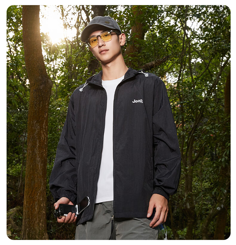 JEEP Sun Protection Jacket, Summer Breathable, for Men And Women Couples, Ice Silk Outdoor Sports Skin Coat, Pure Black, 3XL 19