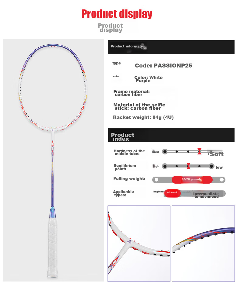 Kawasaki Badminton Racket, Full Carbon Single Racket, Ultra-Light Professional Durable Type PASSION P25, White And Purple (Pre-Strung) 8