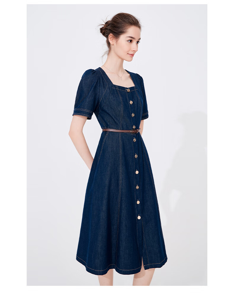 Navigare Women's Vintage Square Neck Denim Skirt, Waist-Cinching Slim-Fit Short-Sleeve Dress 2322874526 3