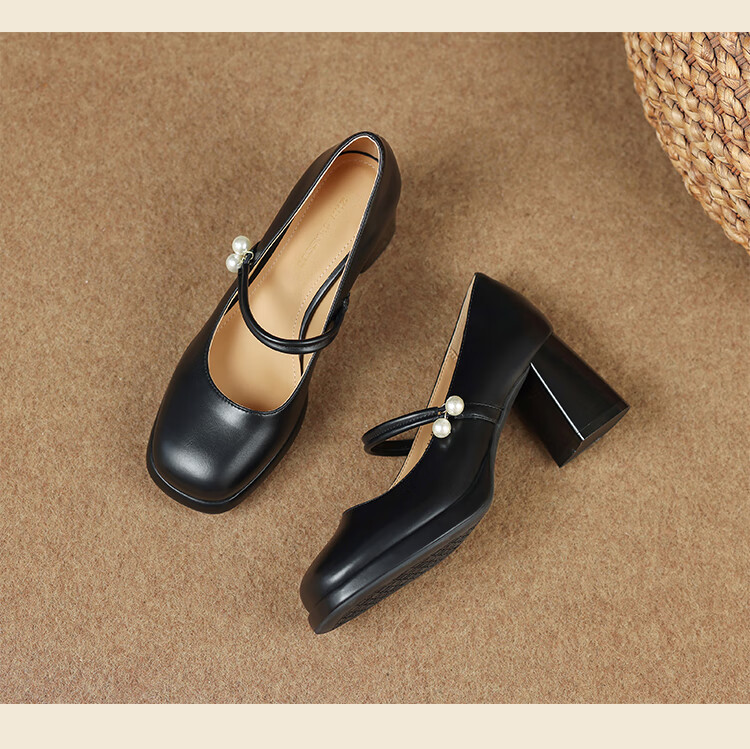 ZHR Mary Jane Shoes for Women, Spring And Autumn Retro French-Style Chunky High Heel Pumps, Square-Toe Elegant Women's Shoes, CQ61 Black, Size 35 16