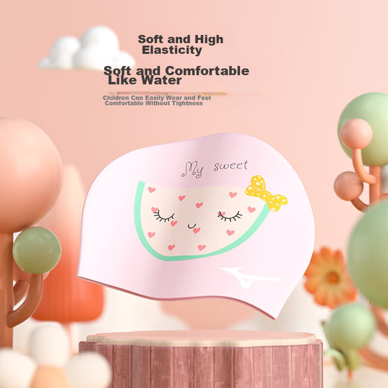 MIZUNO Children's Swim Cap for Girls, Silicone Non-Binding Cute Professional Waterproof Ear-Protecting Printed Swimming Cap N2CW1S23 Pink Watermelo