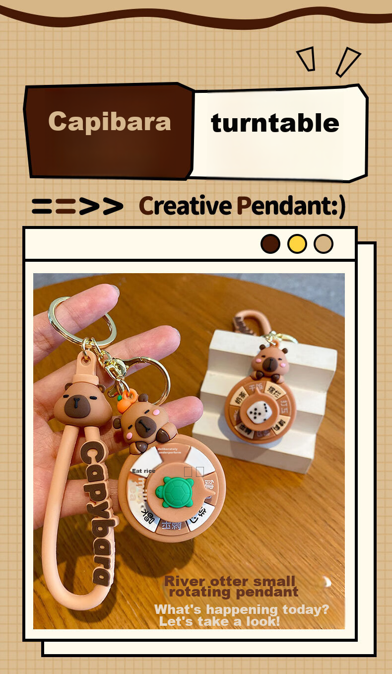 Miletang Capybara Toy Small Turntable Car Keychain, Water Deer Rubber Key Ring, Stress Relief Toy 2