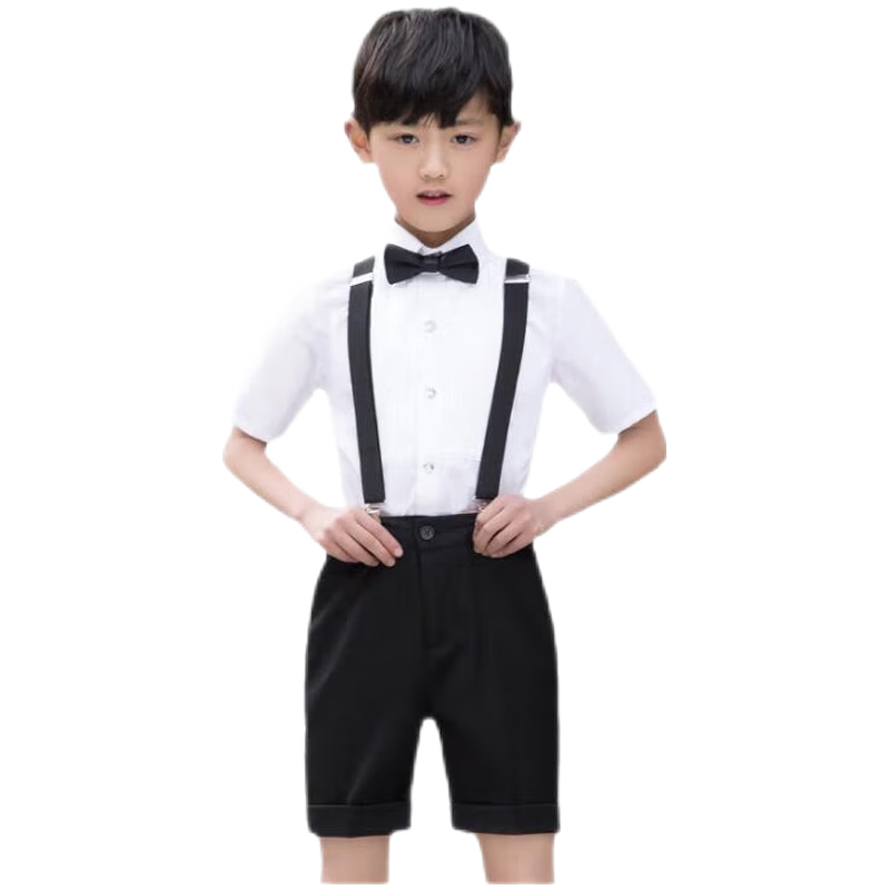 ROMON Boys' Formal Suit Set for Summer Graduation Performances And Events, Navy Blue Short Suspender Suit with Five Pieces, Size 140