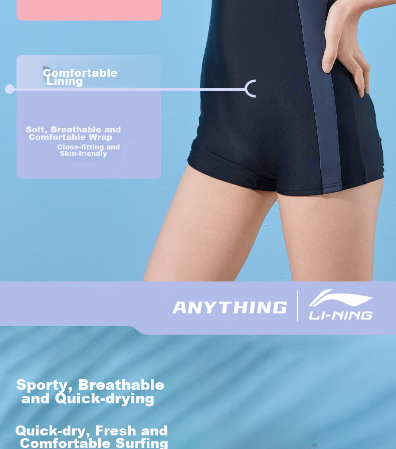 Li-Ning Women's Professional One-Piece Conservative Boyshort Swimsuit, Tummy-Covering Slimming Casual Training Hot Spring Swimwear 506 Gray Blue L 5