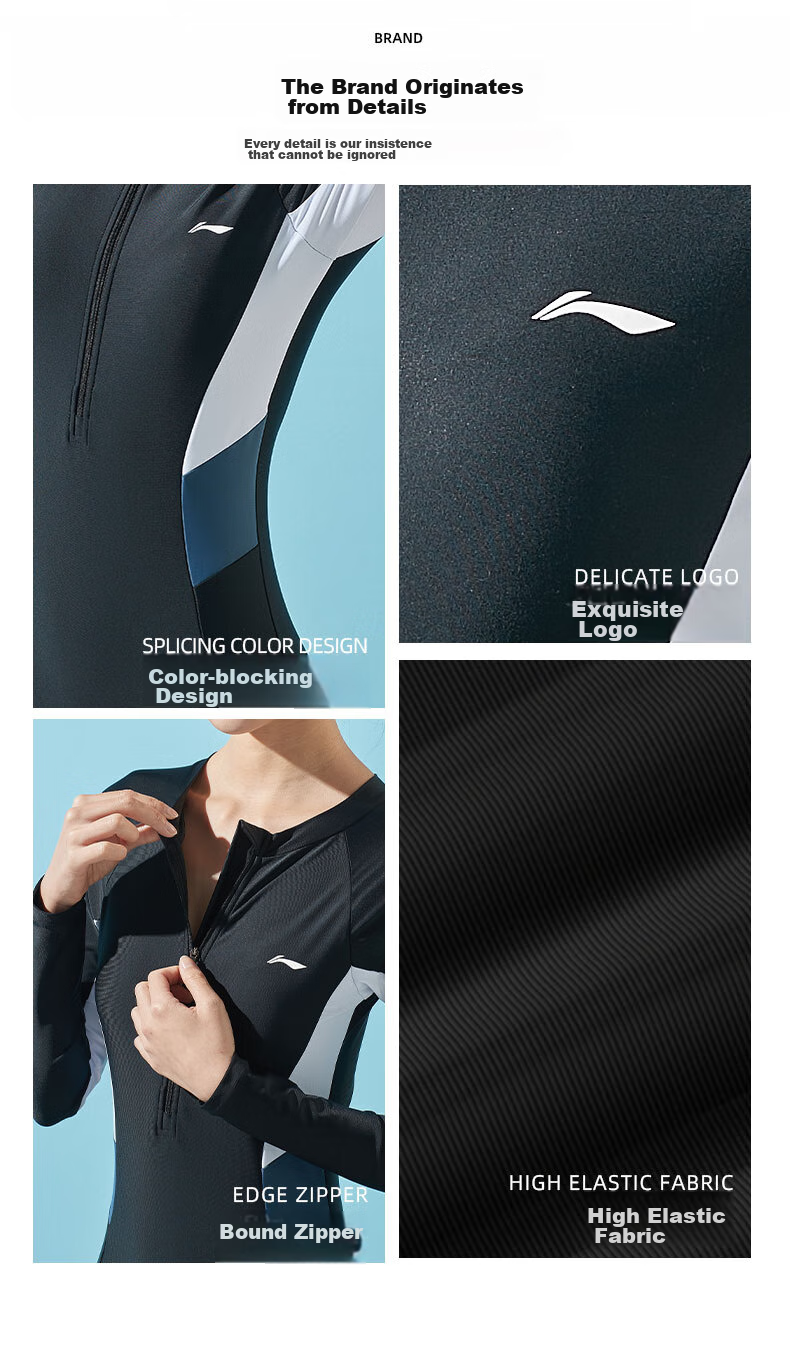LI-NING Women's One-Piece Conservative Long Sleeve Square Leg Swimsuit High Elastic Breathable Color Block Hot Spring Vacation Swimwear 062 Black Pink M 9
