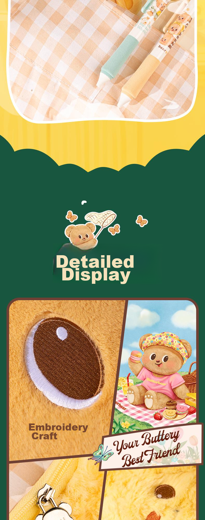 Deli Butter Bear Fashion Handbag, Tote Bag, Shoulder Bag, Tutoring Bag, Cute Plush Design, Double-Sided Use, Gift for Boys And Girls, Back-To Stationery Gift, Art Bag 6