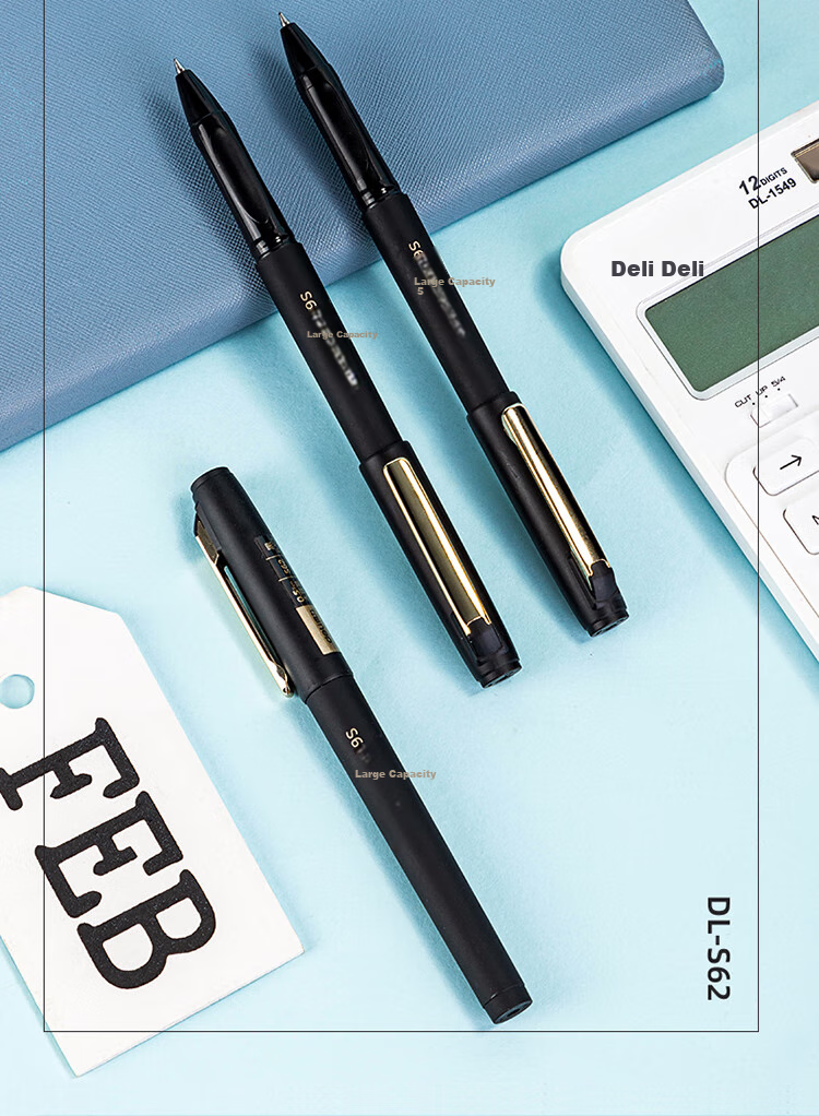 Deli Business-Style Large-Capacity Retractable Gel Pen, Office Writing Pen, 0.5mm Bullet Tip, 12 Pens/box, Black, S62 for College Entrance Exam 10