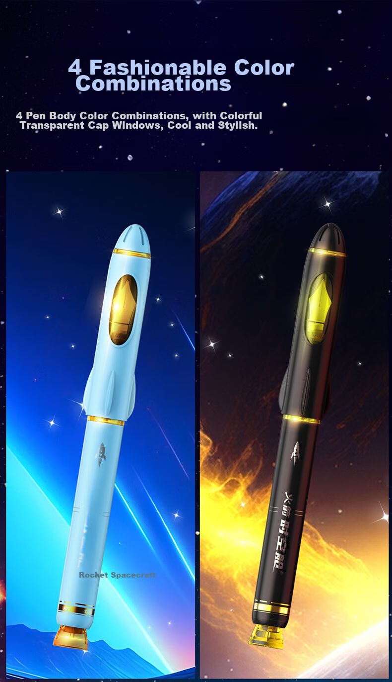 Dianshi Rocket Space Capsule Fountain Pen, Non-Splash F Nib, Third Grade Student Handwriting Practice Calligraphy Fountain Pen, Non-Heat Erasable, Back-To Season, Replaceable Ink Cartridge 7157 (Black Barrel), Magic Liquid Erasable Blue 7