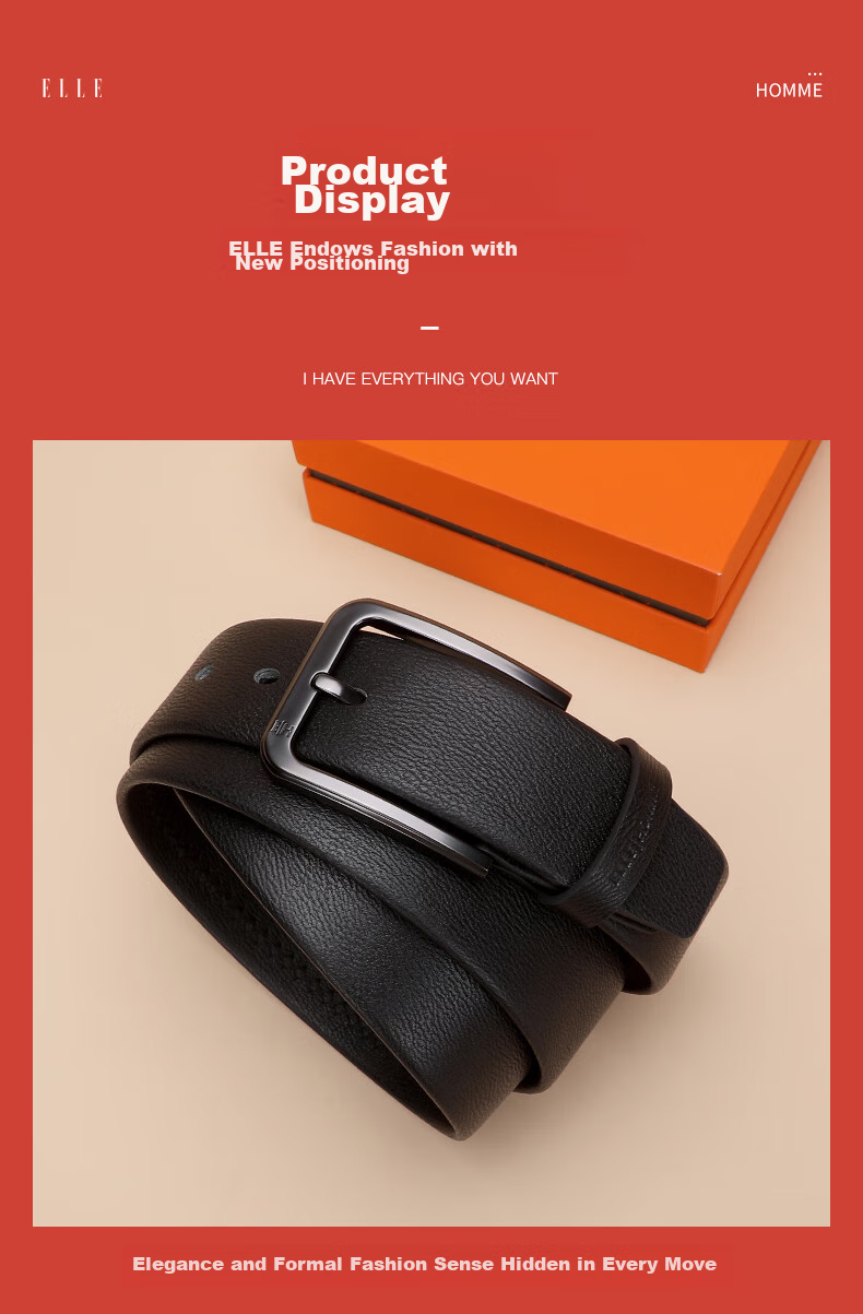 ELLE HOMME Men's Leather Belt with Pin Buckle, Top-Grain Cowhide Casual Trouser Belt for Men, Birthday Gift for Boyfriend 11