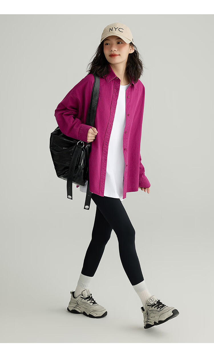 Dme Vintage Washed Spring Elegant Magenta Loose Fit Turndown Collar Long Sleeve Blouse for Women, Purple-Red, Size M 13