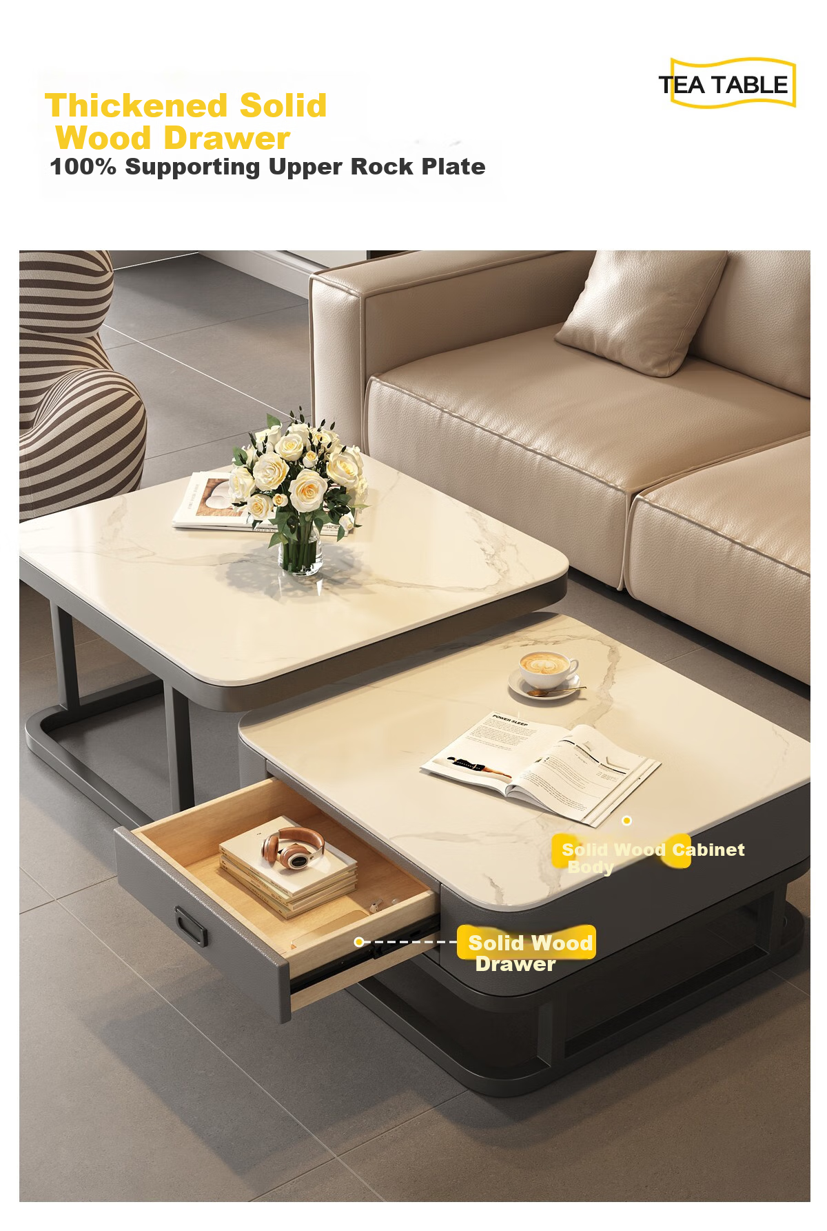 Qianxihuafu Coffee Table, Living Room Side Table for Small Apartments, High-End Light Luxury, 2026 Square Rock Slab Coffee Table, White And Gray Glass Top 16