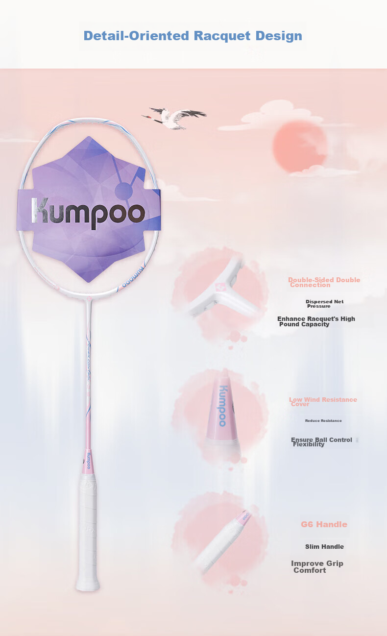 KUMPOO Badminton Racket, Full Carbon Ultra-Light Xunfeng All-Round Racket, Biquang, 5U White/purple, Unstrung Racket 4
