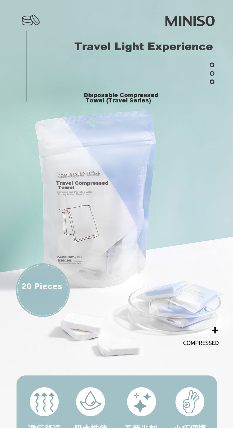 MINISO Disposable Compressed Towels, Individually Wrapped for Travel, Business Trips, Hotels, Travel Pack (20 Pieces X 3 Packs) 1