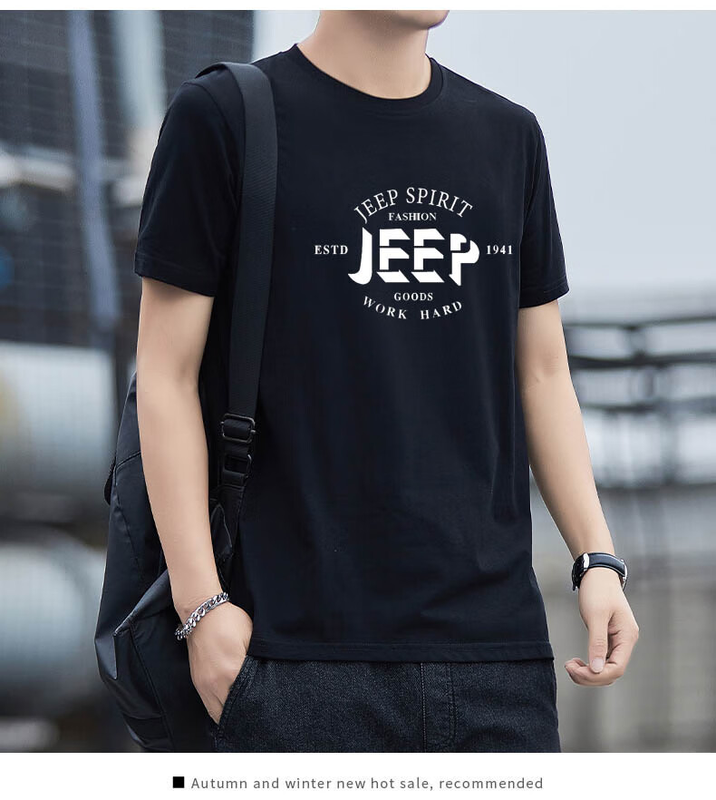 JEEP SPIRIT Men's Short-Sleeve T-Shirt, Summer Half-Sleeve Top, Pure Cotton Sports Round Neck Casual Trendy, Black, L 11