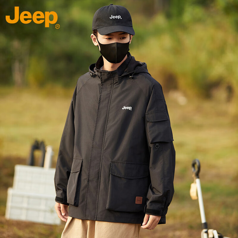 JEEP Men's Jacket, Spring And Autumn Workwear, Loose Casual Windbreaker for Couples, Black, Size M