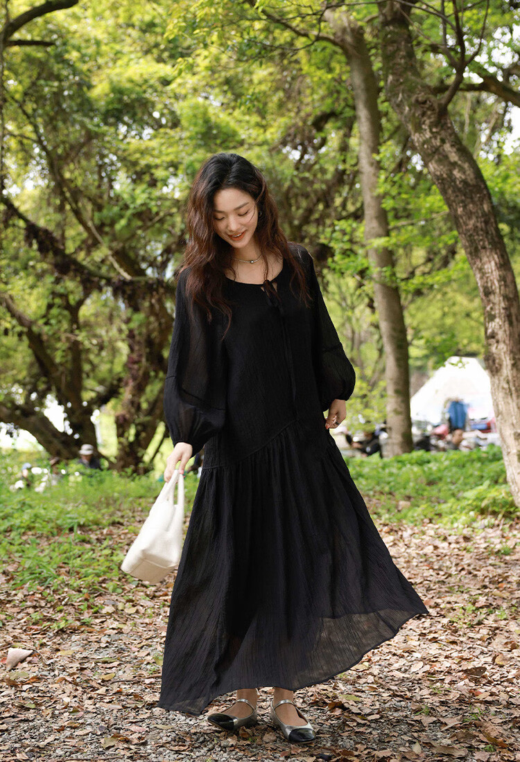 Dme [French-Style Dress] Romantic Elegant Fair-Complexion Easy Vacation Style Wrinkled Textured Dress for Wome 6