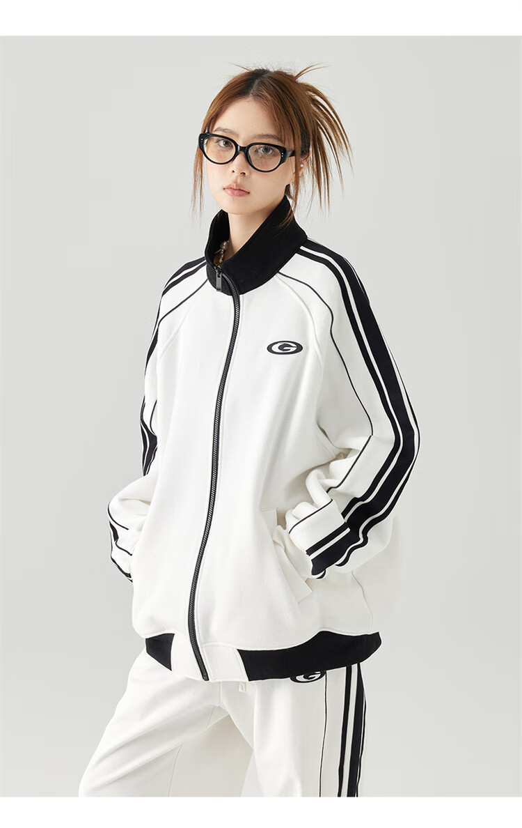 GOLFCROSS Trendy Couple's Style, Preppy Striped Contrasting Color Stand-Up Collar Loose Cardigan Sweatshirt Jacket, White, XL 14