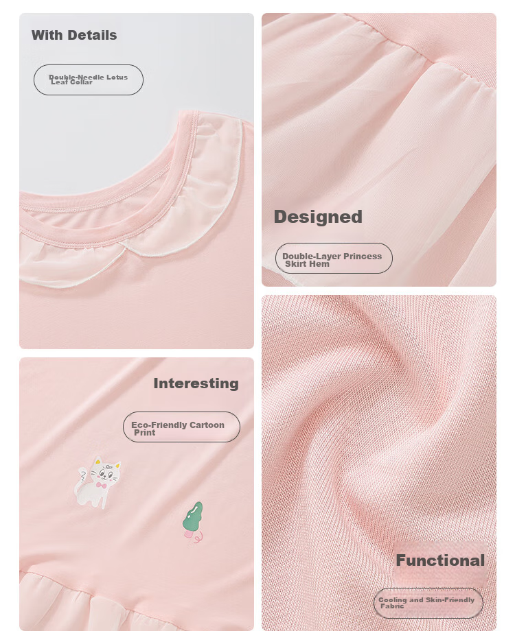 Hodo Children's Pajamas, Girls' Nightgown, Short-Sleeve Loungewear for Spring And Summer, Thin Silk Princess Dress, Q3016, Light Pink, Size 150 6