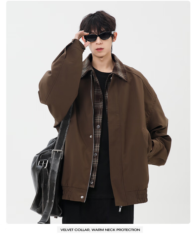 MMOPTOP American Style Two-in-One Plaid Spliced Lapel Jacket Autumn Winter Men's Windproof Coat MJK22 Coffee M 8