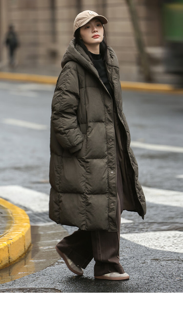 Dme [Retro Long Hooded Down Jacket] Winter Style with Side Pockets, Waist Belt, Long Women's Down Coat, Coffee Color, M 18