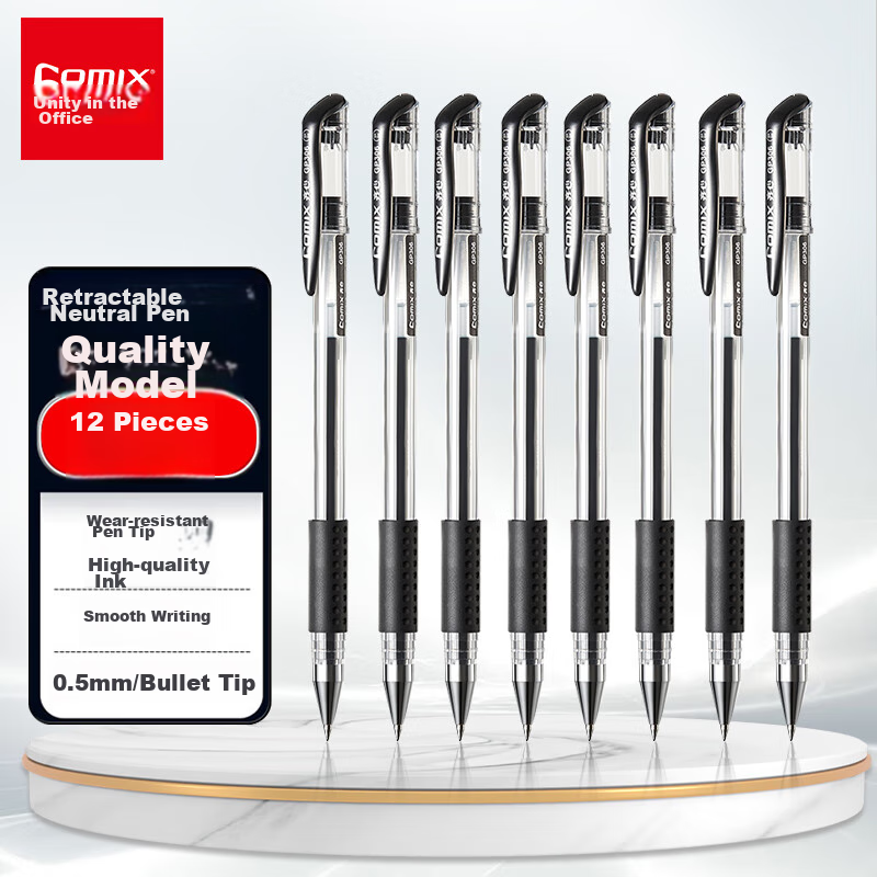 COMIX Black Gel Pen, Signing Pen, 0.5mm Office Pen, 12 Pens Per Box, Bullet Tip, Pull Cap