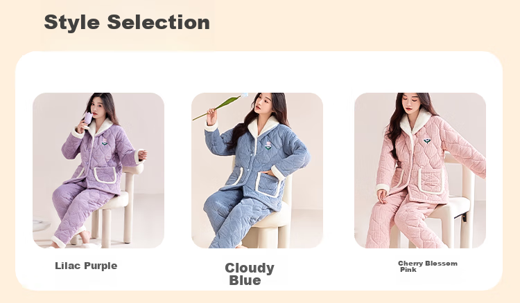 MiiOW Coral Fleece Three-Layer Padded Women's Pajamas, Ultra-Thick Fleece-Lined Warm Loungewear, Suitable for Outdoor Wear, Cherry Blossom Pink 29