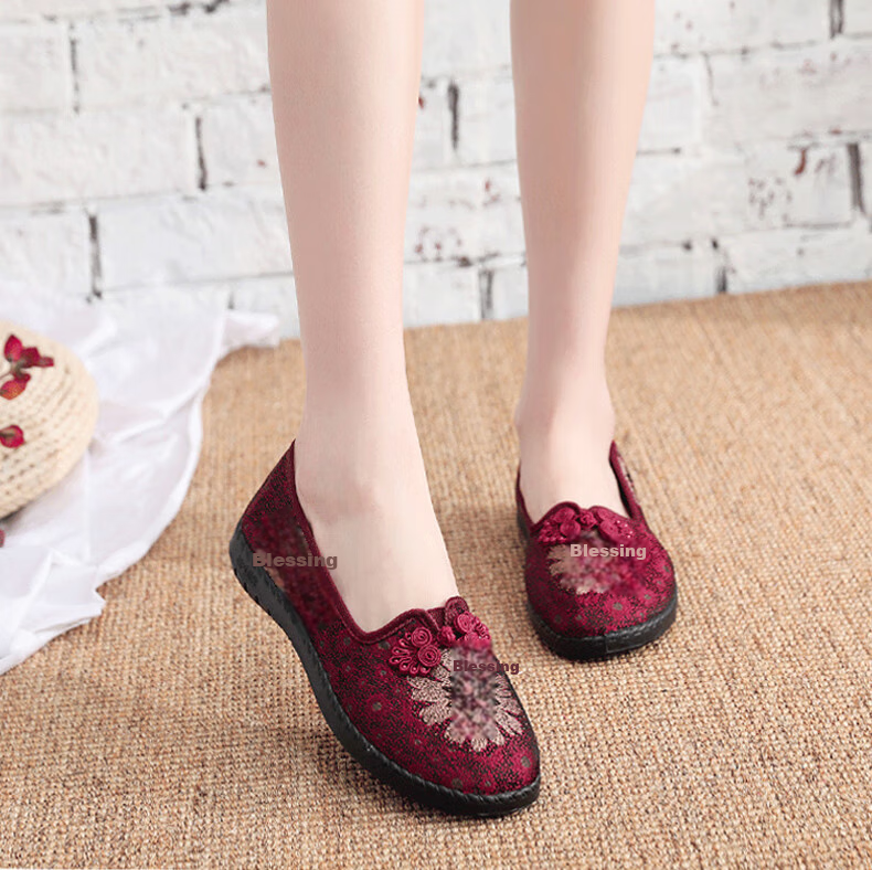 Weizhi Old Beijing Cloth Shoes, Women's Flats, Elderly Shoes, Soft-Soled Mom Shoes, Embroidered Chinese Style Slip-Ons WZ1031 Size 35 7
