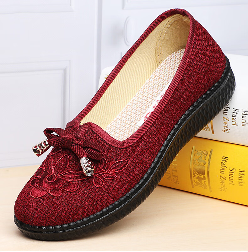 Weizhi Old Beijing Cloth Shoes, Women's Flats, Elderly Shoes, Soft-Soled Mom Shoes, Embroidered Chinese Style Slip-Ons WZ1034 Size 39 2