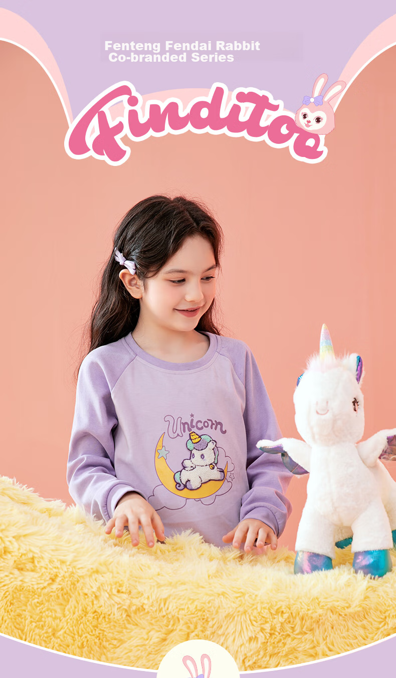Fenteng Children's Pajamas, Girls' Pink Daisy Rabbit IP Early Spring Pure Cotton Raglan Sleeve Sleepwear for Older Childre 1