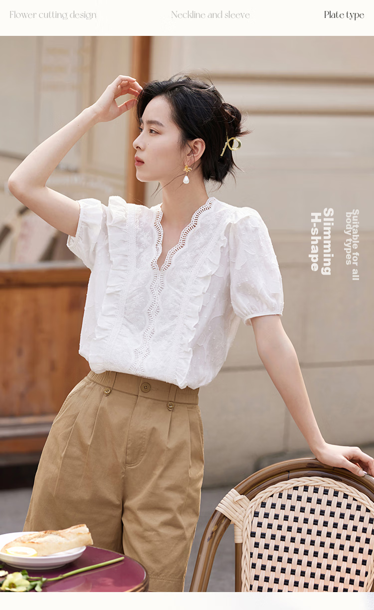 INMAN INMAN Lace Pure Color V-Neck Blouse, 2026 Summer New Arrival, Puff Sleeve Short-Sleeve Top, Pearl White, XL 5