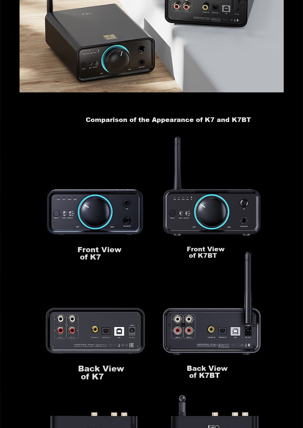 FiiO K7 Desktop Decoding Headphone Amplifier, DSD Decoder All-In Headphone Power Amplifier, HiFi Decoder, Black Decoder 27