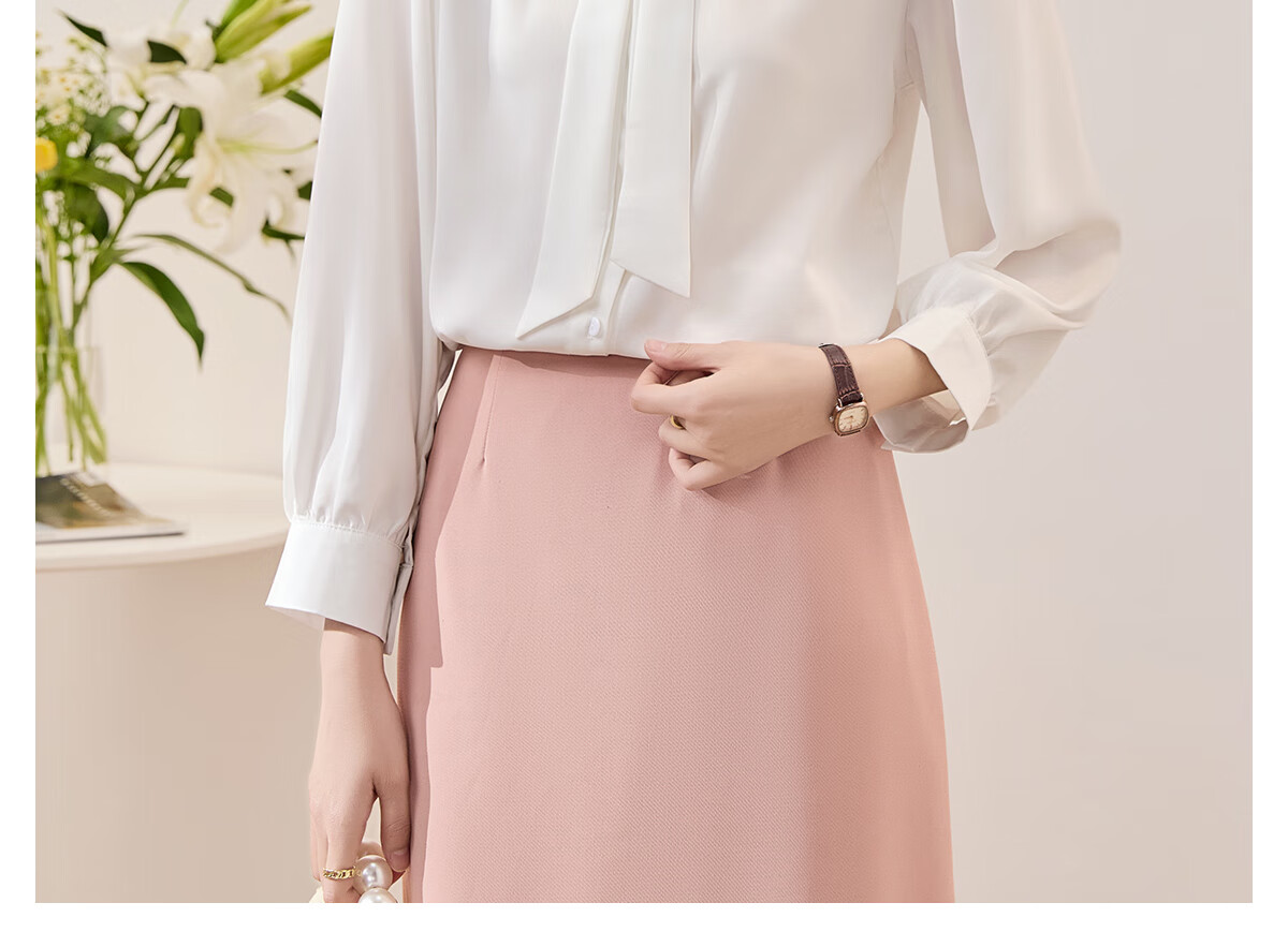 Chushen Long-Sleeve Shirt for Women, Elegant Lapel Design with Bow Tie, Casual White Blouse S13KC2990 Size M 19