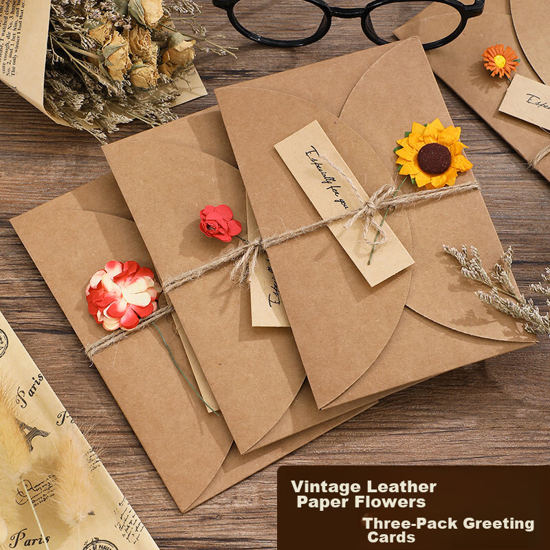 Faramon 3-Pack Creative Vintage Kraft Paper Greeting Cards, Dried Flower Bouquet, Mid-Autumn Festival Cards, Blessing Cards, Birthday Gift, Handwritten Letter Paper, Envelope, Postcard