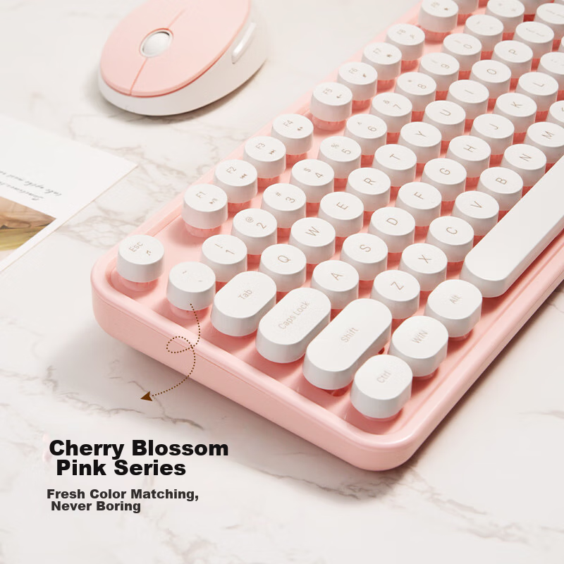 Mofii Sweet Wireless Retro Punk Keyboard And Mouse Set, Office Keyboard And Mouse Set, Mouse, Computer Keyboard, Laptop Keyboard, White And Pink