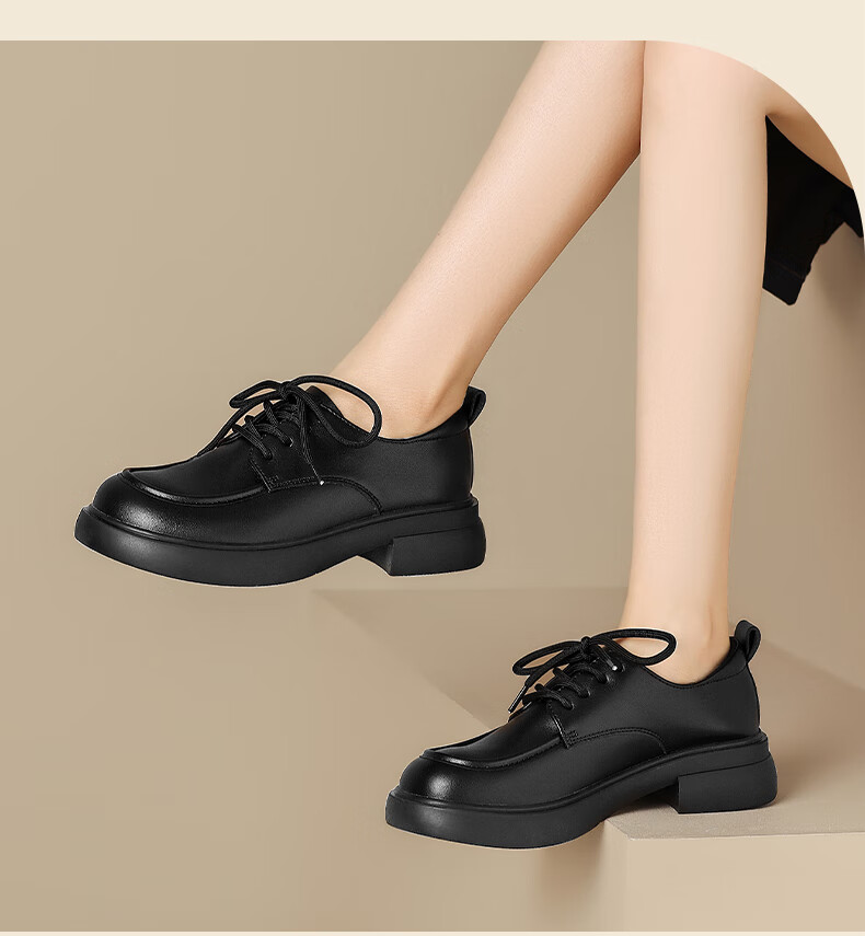 ZHR British Style Women's Leather Shoes with Round Toe And Lace-Up, Genuine Leather Chunky Heel Pumps AY127 Black Size 37 18
