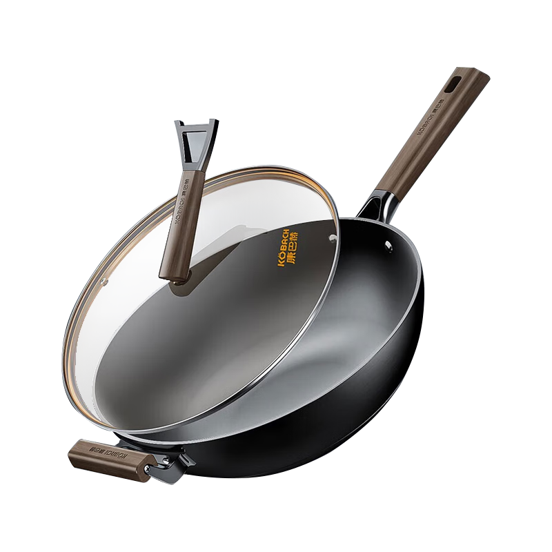 KBH Iron Wok, Uncoated Cast Iron Pan, Nitrided for Rust Resistance, 7-Ring Non-Slip Bottom, Suitable for Induction Cooker And Open Flame Stoves