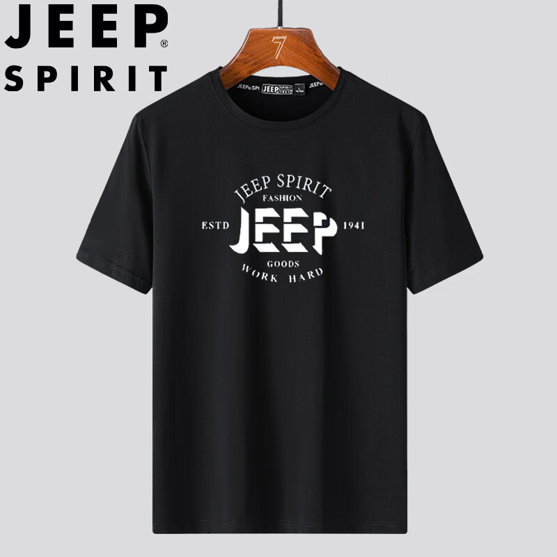 JEEP SPIRIT Men's Short-Sleeve T-Shirt, Summer Half-Sleeve Top, Pure Cotton Sports Round Neck Casual Trendy, Black, L