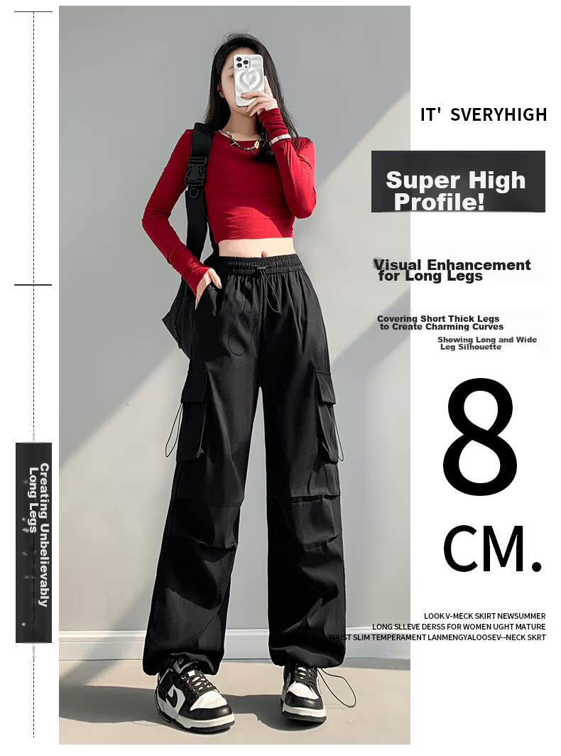 LangSha American-Style Parachute Cargo Pants for Women, Summer Ice Silk High-Waist Wide-Leg Loose Casual Quick-Dry Outdoor Sports Pants 8
